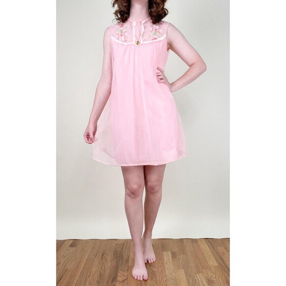 Vintage Embroidered Floral Lace Baby Doll Slip Mini Dress Nightgown Chemise PJs - Picture 8 of 8